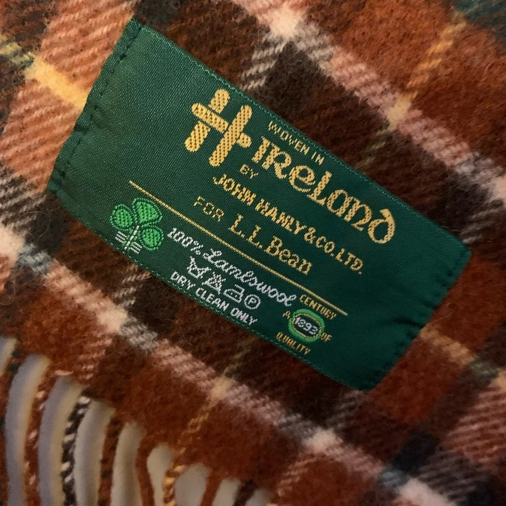 John Hanly Co LL Bean 100% Lambswool Scarf Trelana Plaid 66”x12” Made In Ireland